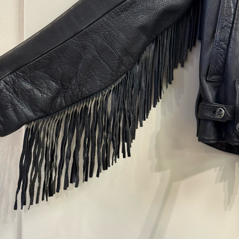 Verducci size 38 black leather fringe moto jacket skull buttons - Picture 10 of 15